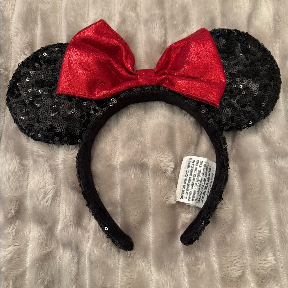Sequin Minnie Mouse Ears Headband with Red Bow